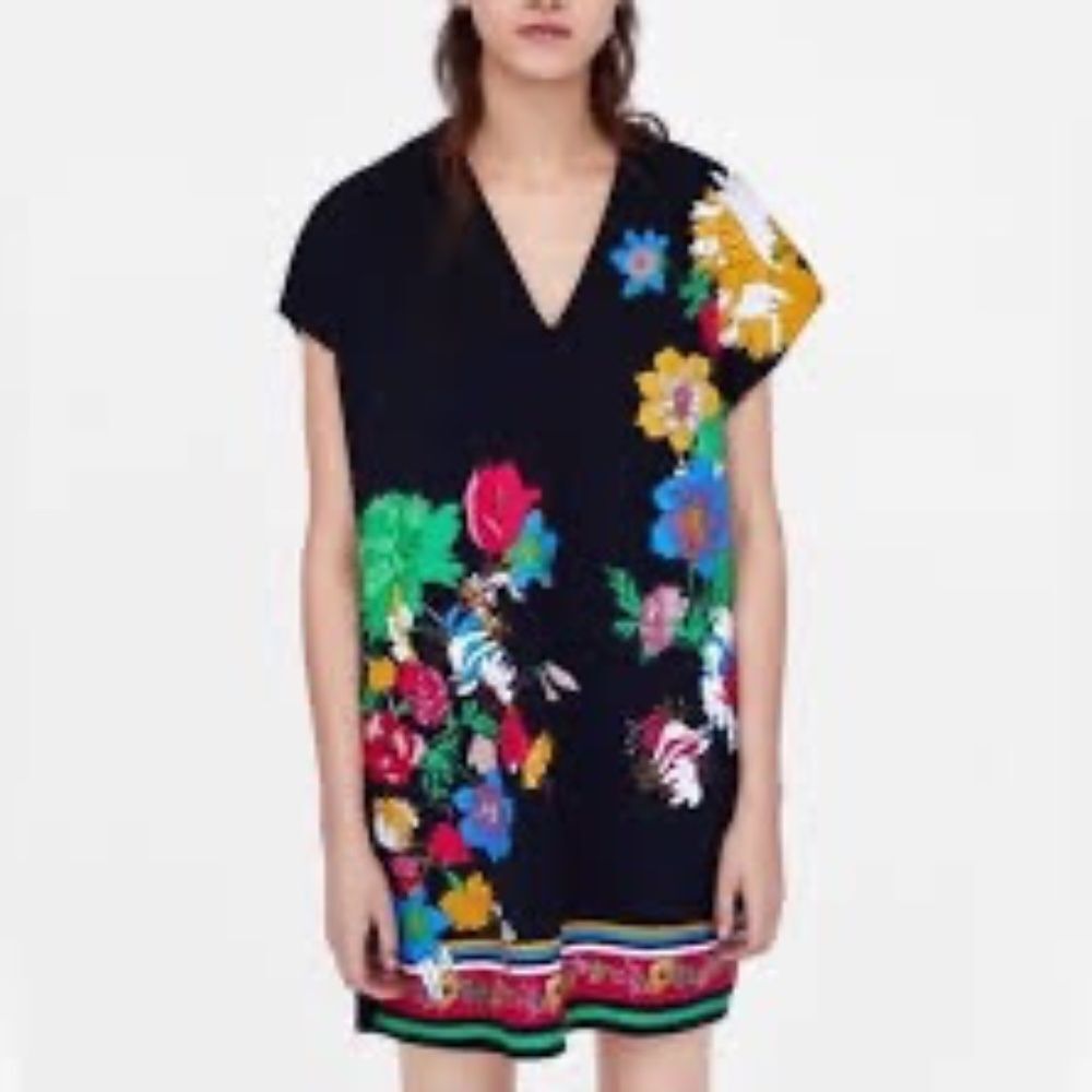 Zara Collection Women's Black Floral Embossed Shift Raw Hem Dress Sz S